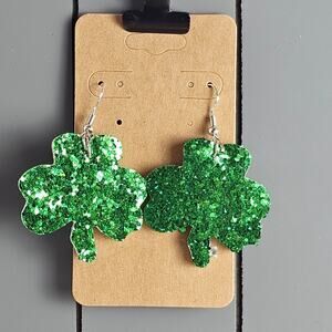 St Patrick Shamrock Earrings Glitter Green Hook Dangle Irish Lucky Charm 2.15"